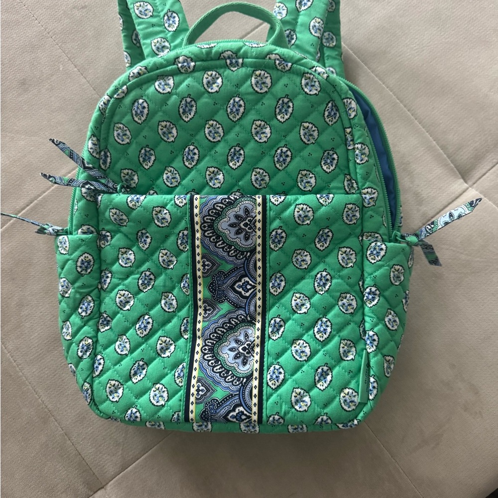 Vera Bradley Green Quilted Backpack with Blue Pattern